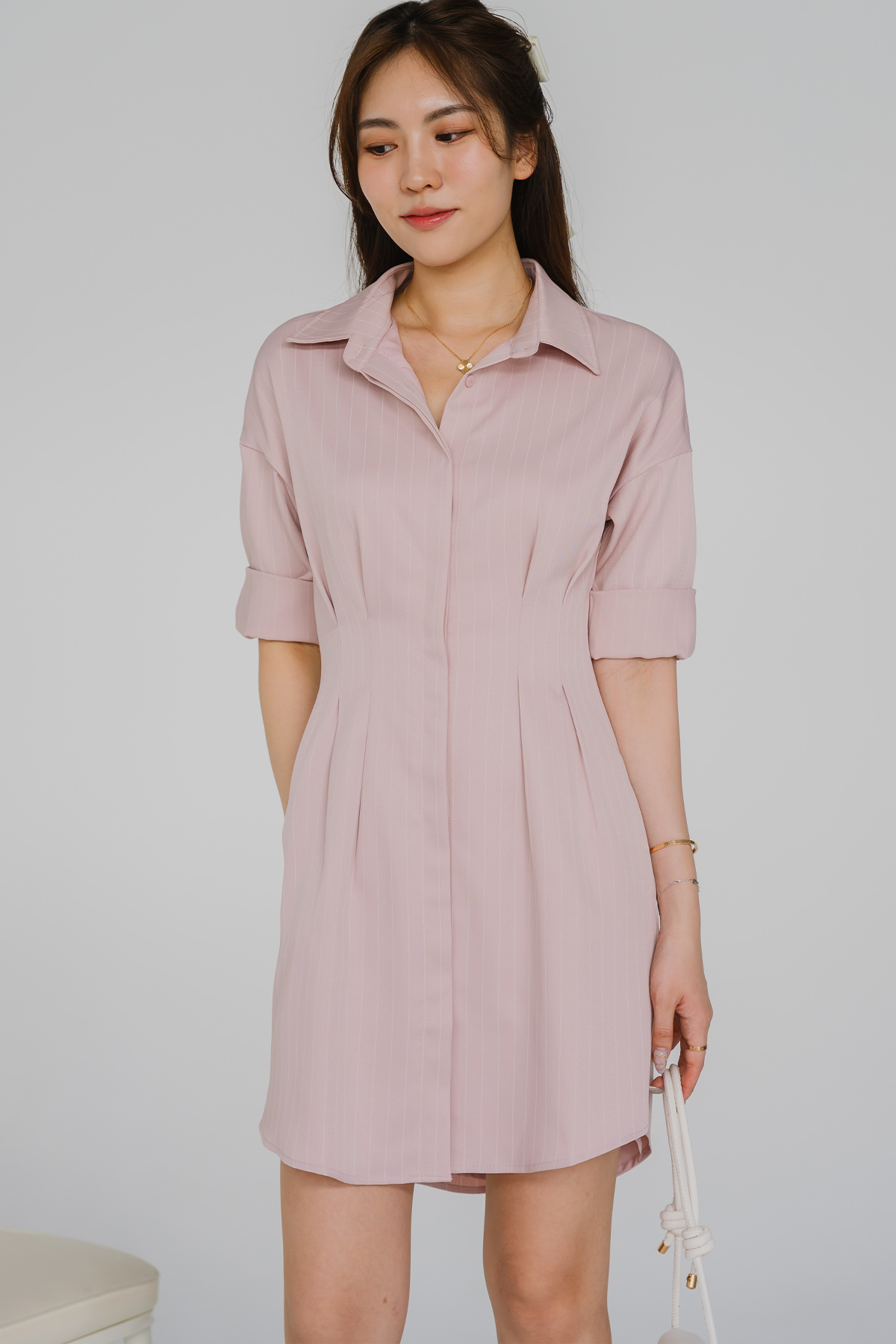 Essential Pinstripe Shirt Dress (Pink)