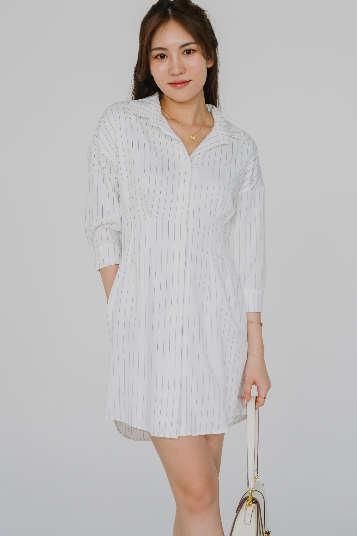 Essential Pinstripe Shirt Dress (White)