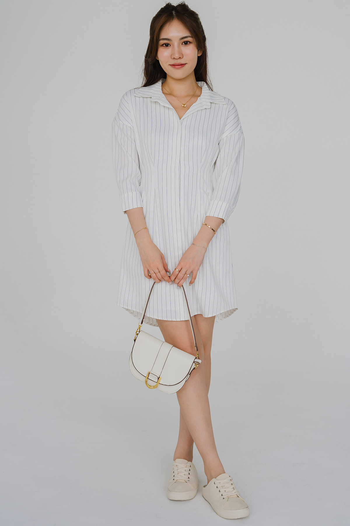 Essential Pinstripe Shirt Dress (White)