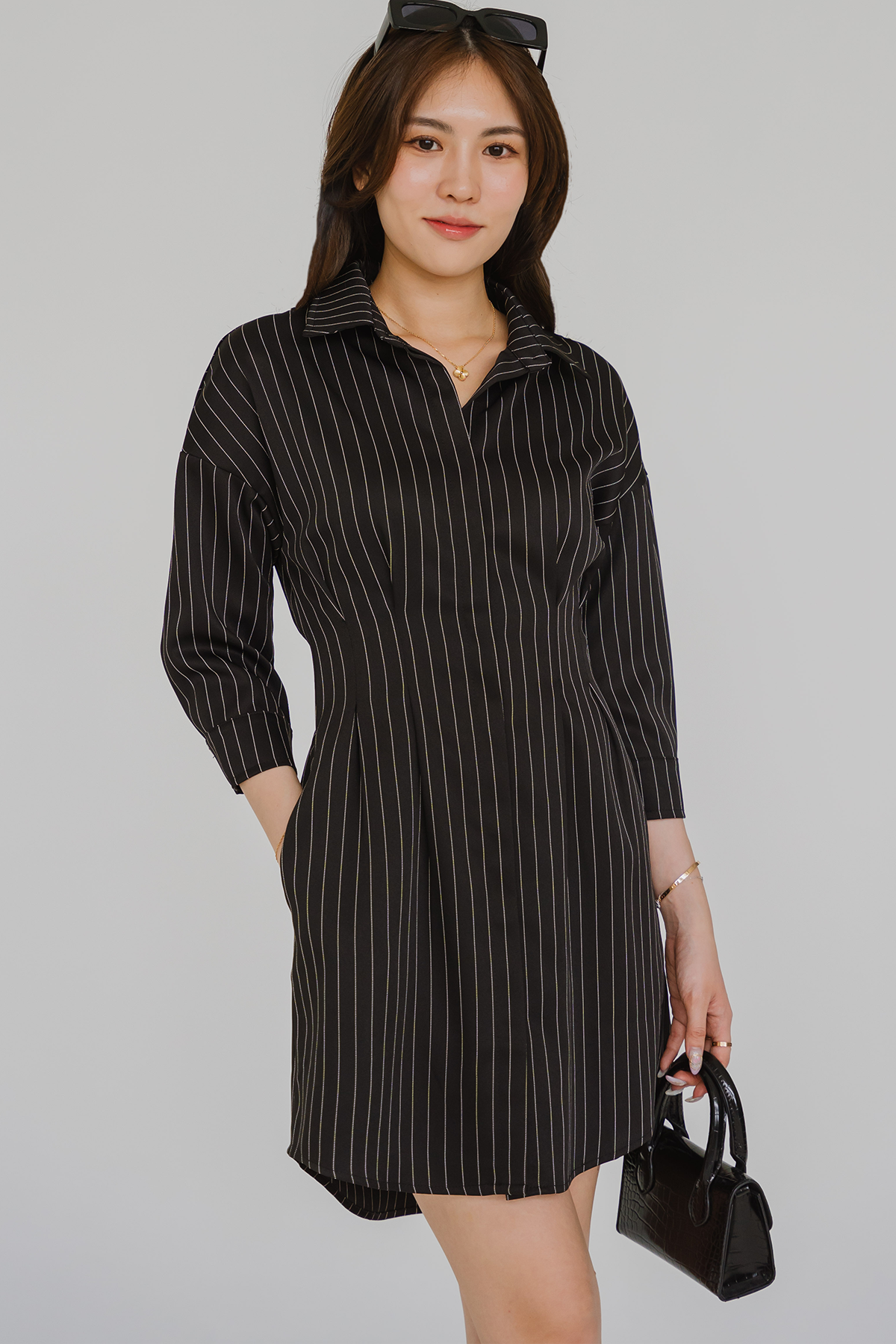 Essential Pinstripe Shirt Dress (Black)