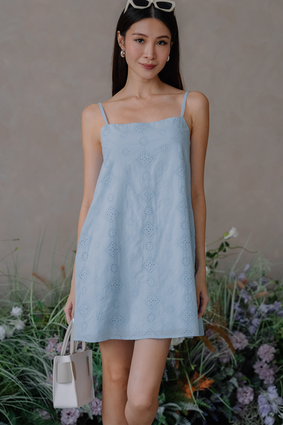 Grace Eyelet Embroidered Mini Dress (Blue)