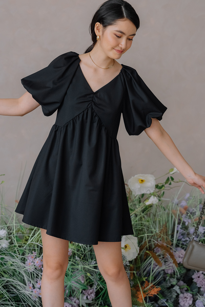 Flounce Puff Sleeve Dress (Black)
