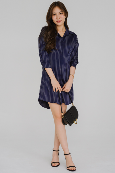 Essential Pinstripe Shirt Dress (Navy)