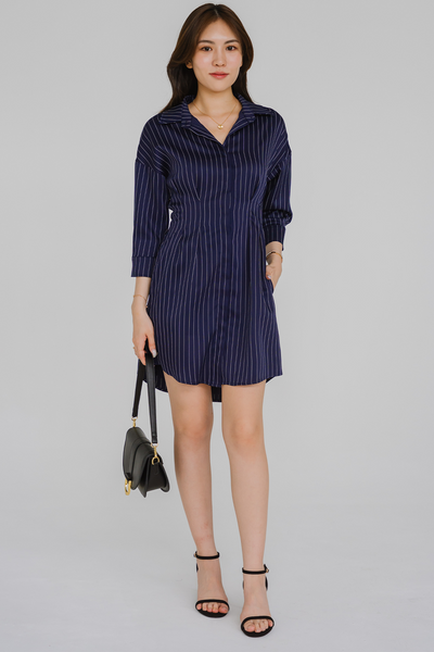 Essential Pinstripe Shirt Dress (Navy)