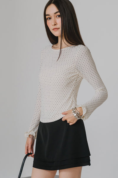 Aiko Padded Ruffle Top (Ivory Polka)