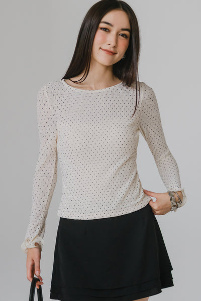 Aiko Padded Ruffle Top (Ivory Polka)