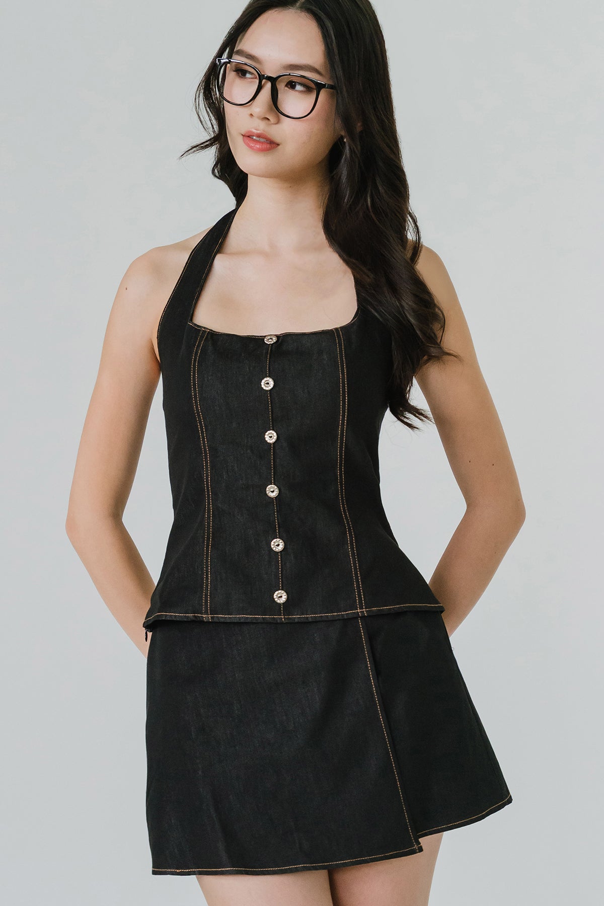 Beth Padded Denim Top (Black)