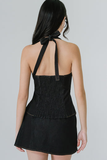 Beth Padded Denim Top (Black)