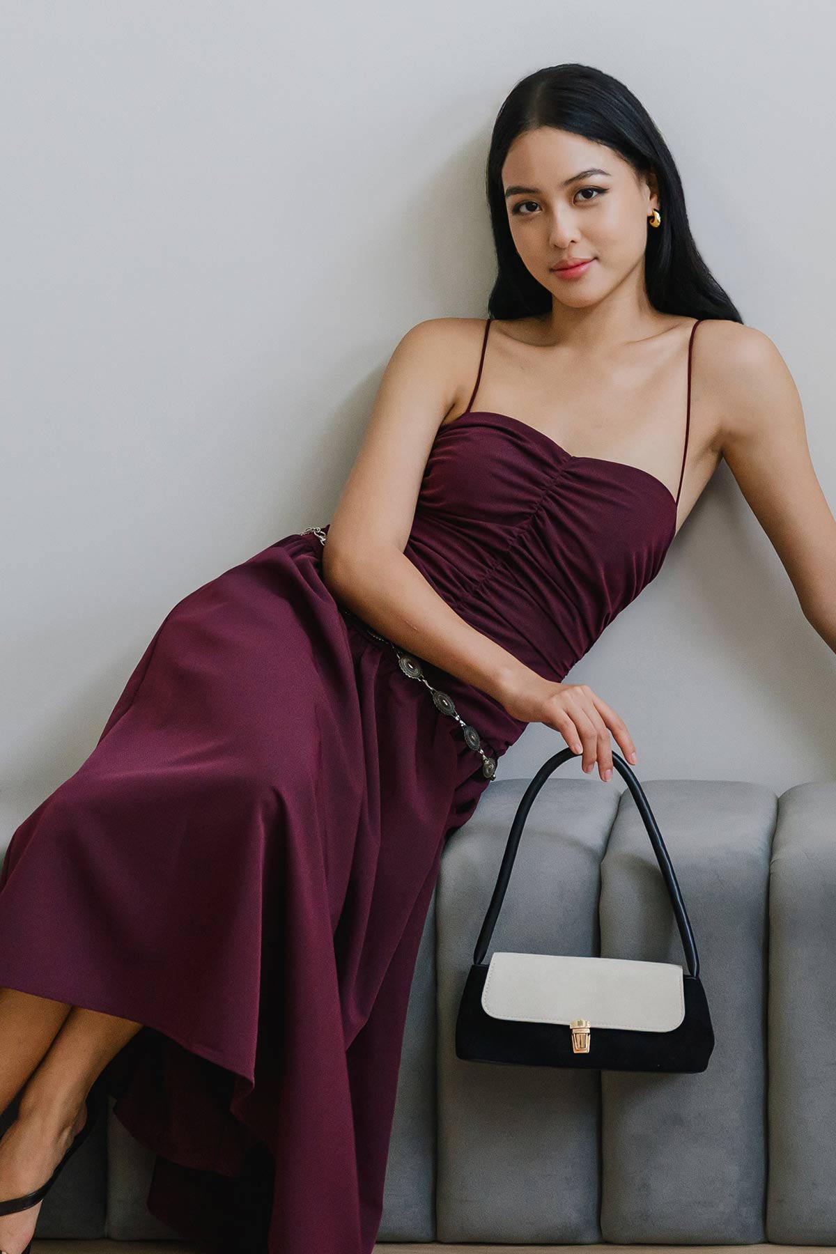 Giselle Padded Ruche Dress (Mulberry)