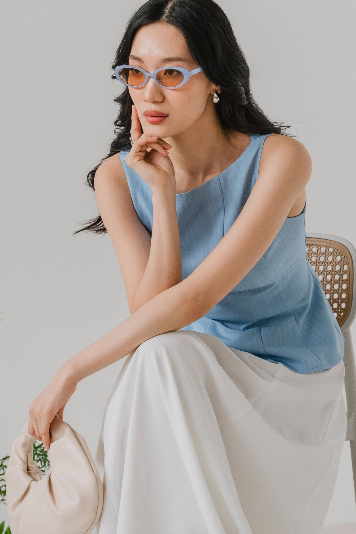 Ella Padded Pinstripe Top (Sky)