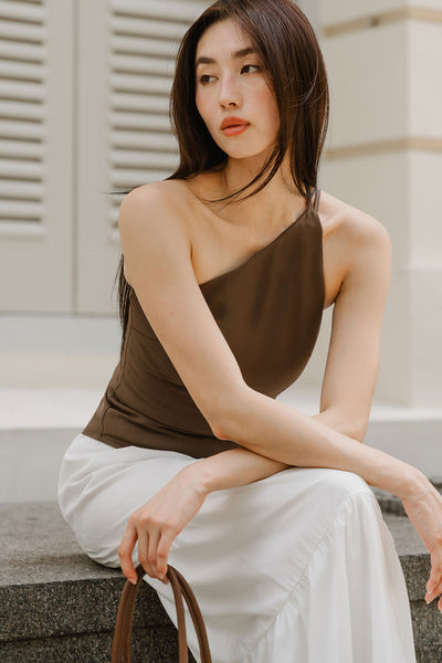 Kyer Padded One Shoulder Top (Brown)