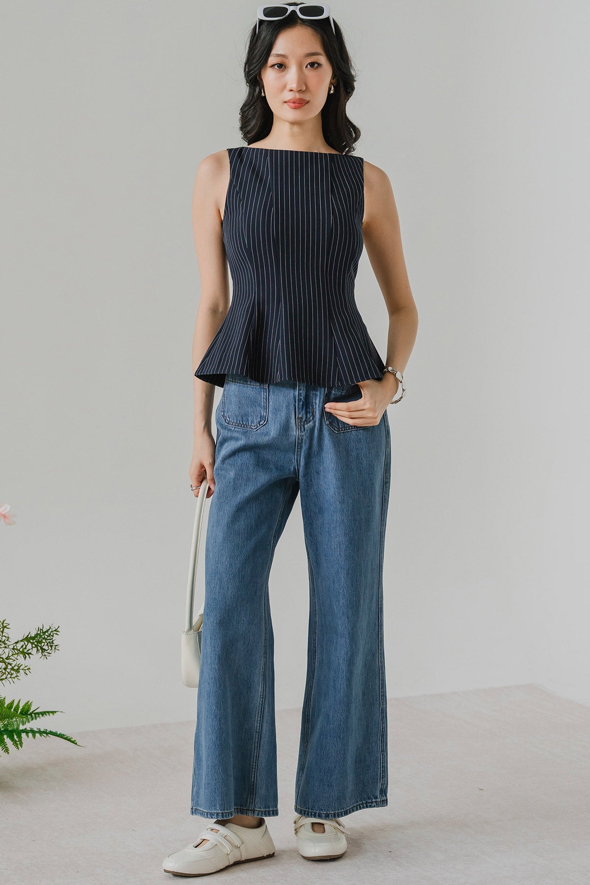Ella Padded Pinstripe Top (Navy)