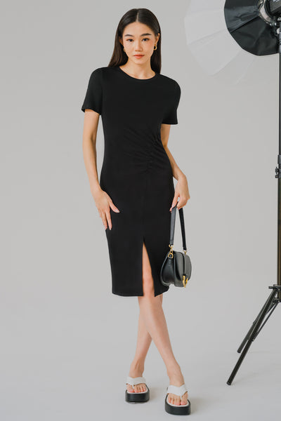 All-day Ruched Midi Dress (Black)