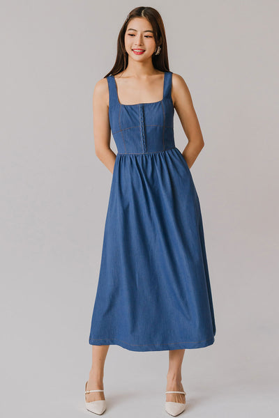 Memory Lane Padded Dress (Light Denim)