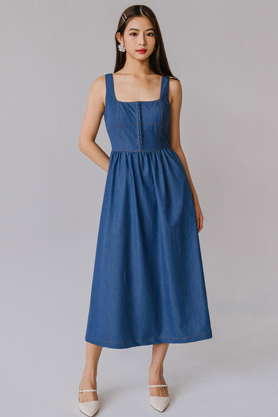 Memory Lane Padded Dress (Light Denim)
