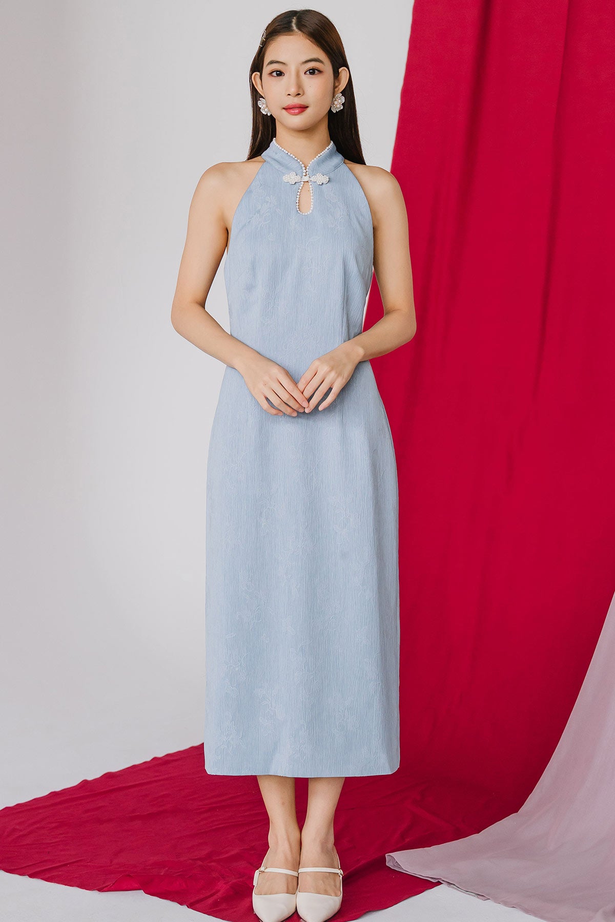 Pavilion Embossed Cheongsam (Blue)