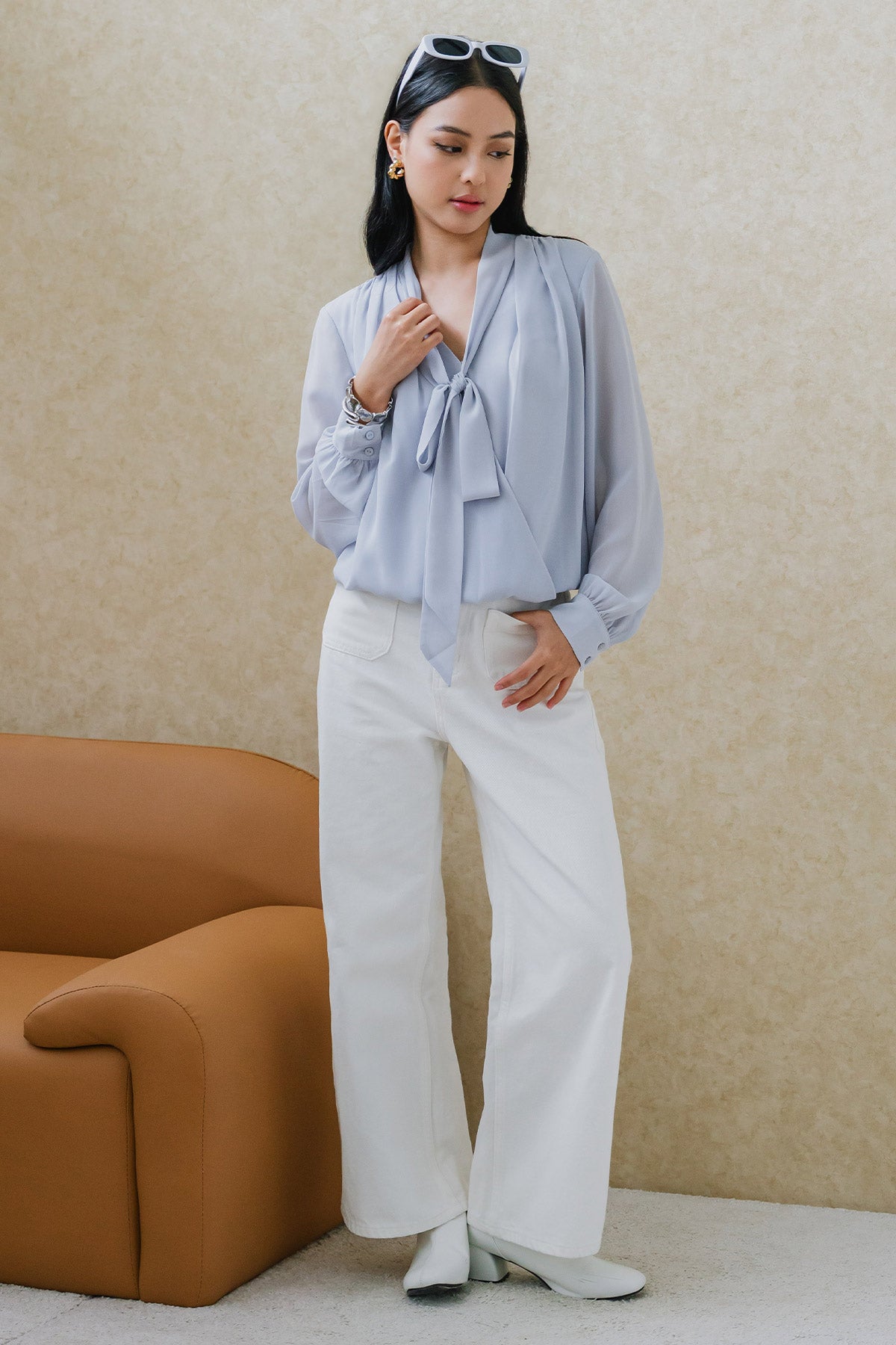 Drea Pussybow Top (Dusty Blue)