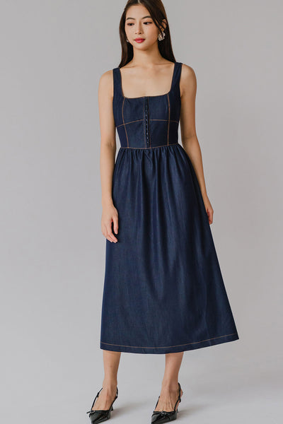 Memory Lane Padded Dress (Dark Denim)