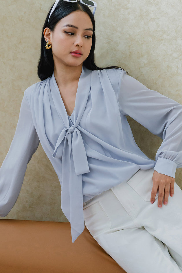 Drea Pussybow Top (Dusty Blue)