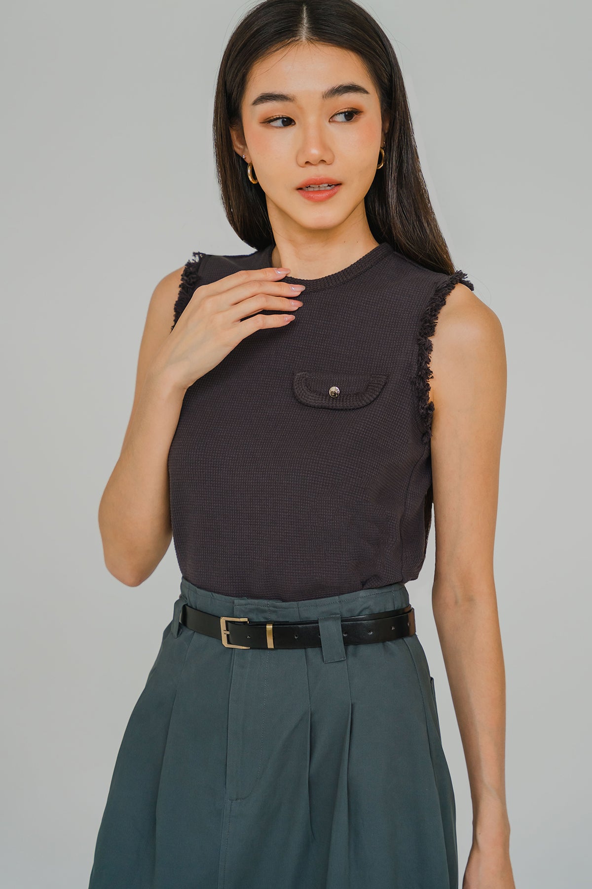 Monologue Frilled Sleeve Top (Dark Grey)