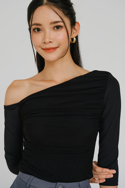 Ciara One Shoulder Mesh Top (Black)