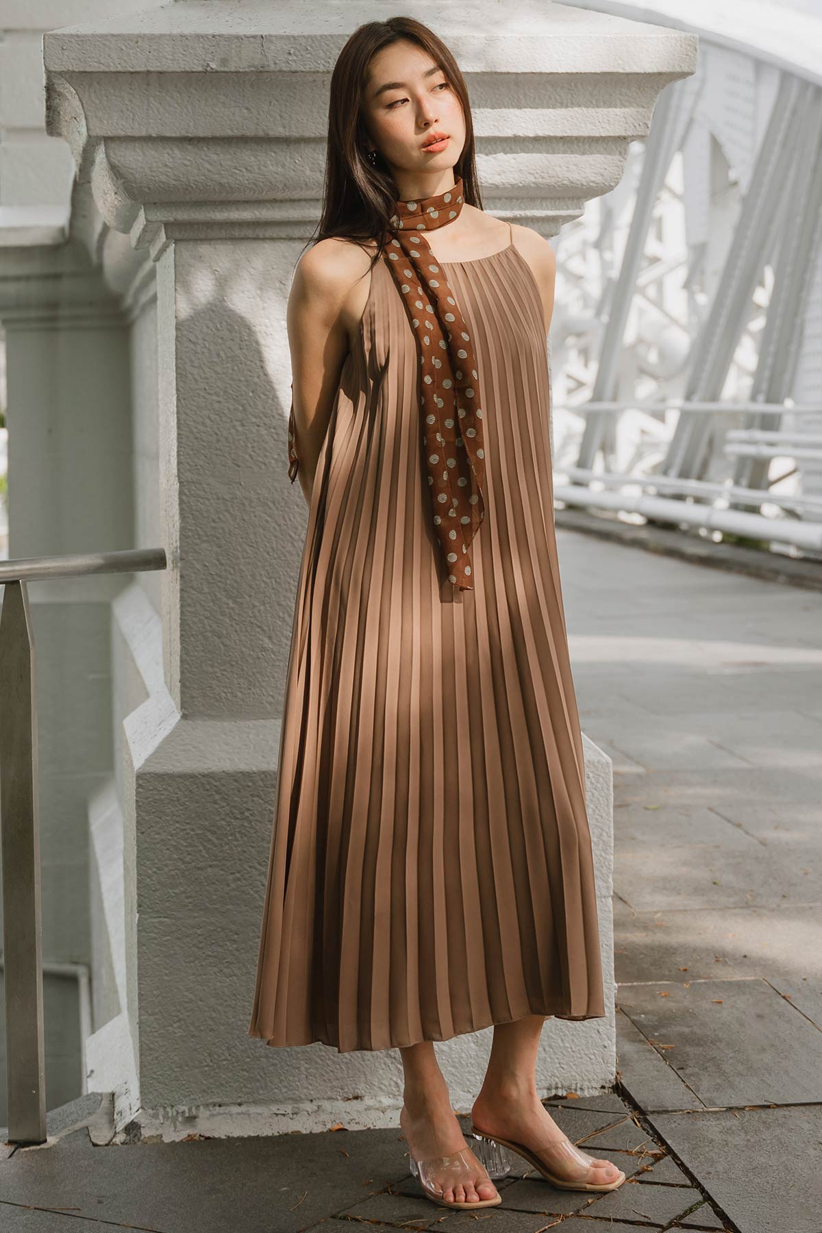 Camille Reversible Pleat Dress (Saddle)