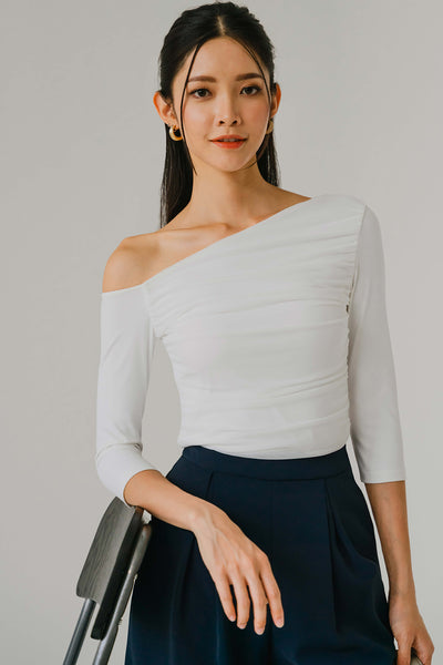 Ciara One Shoulder Mesh Top (White)