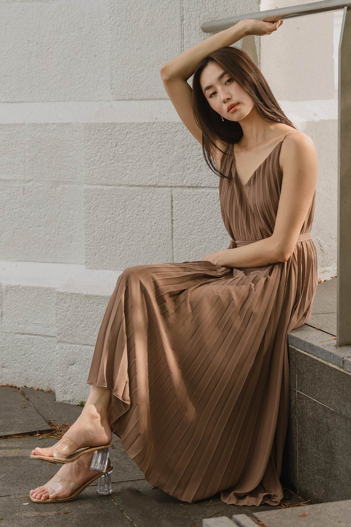 Camille Reversible Pleat Dress (Saddle)