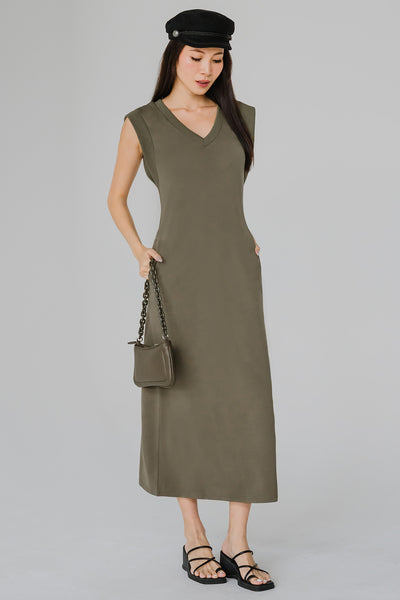 Alfresco Cotton Vneck Dress (Army Green)