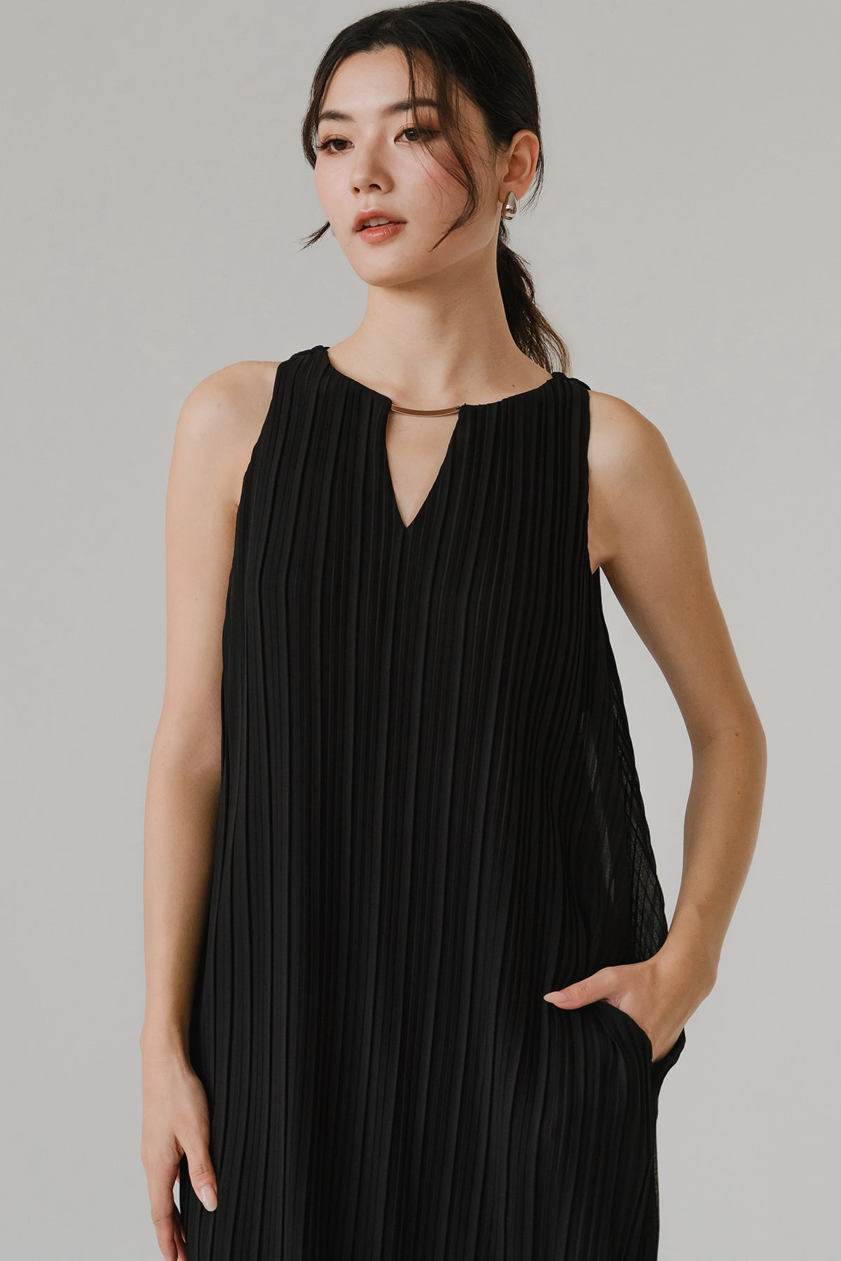 Aether Embellish Pleat Dress (Black)