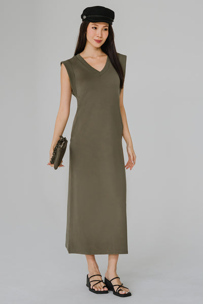 Alfresco Cotton Vneck Dress (Army Green)