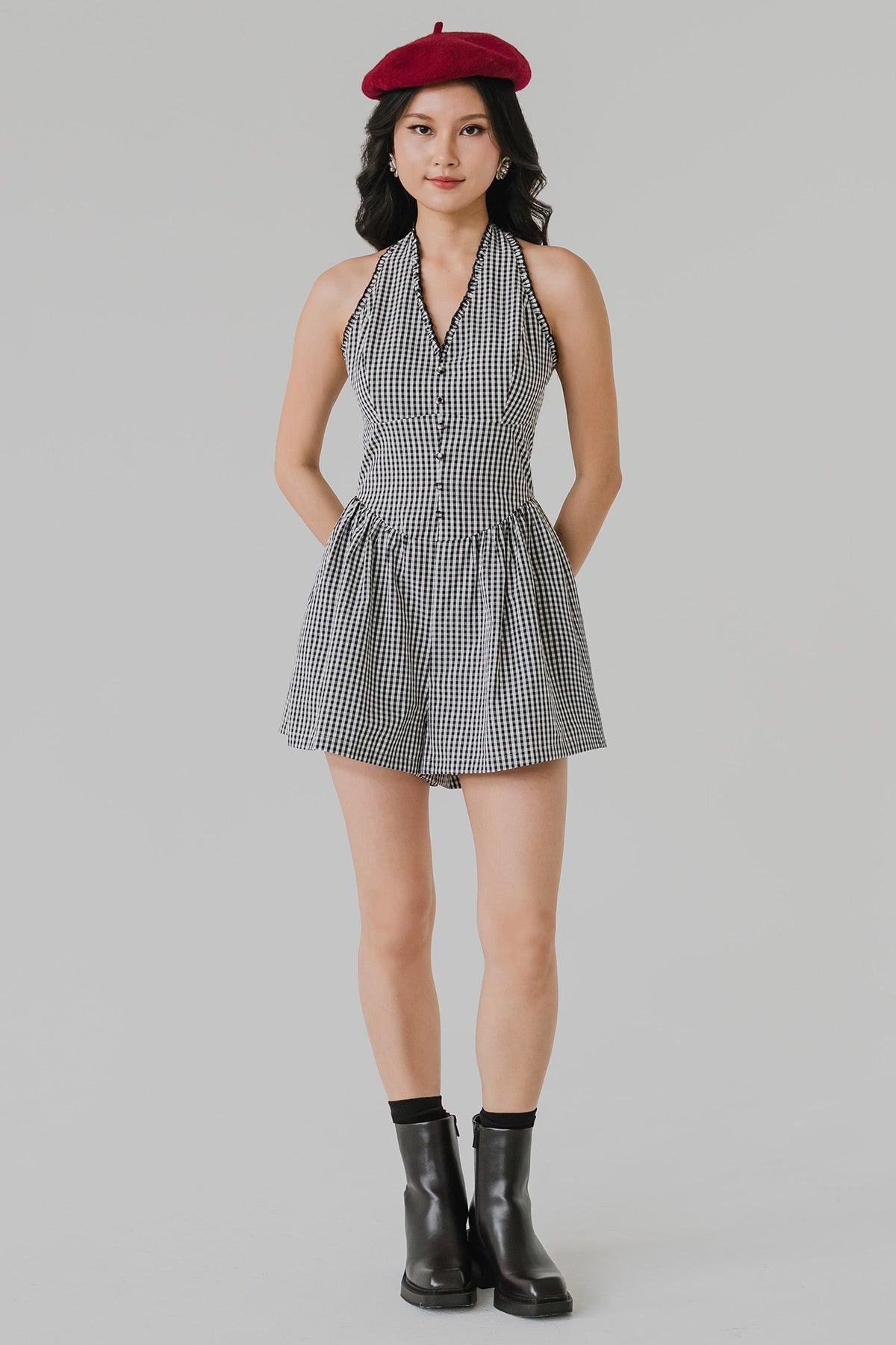 Rue Padded Gingham Romper (Black)