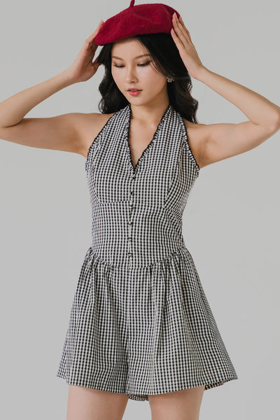 Rue Padded Gingham Romper (Black)