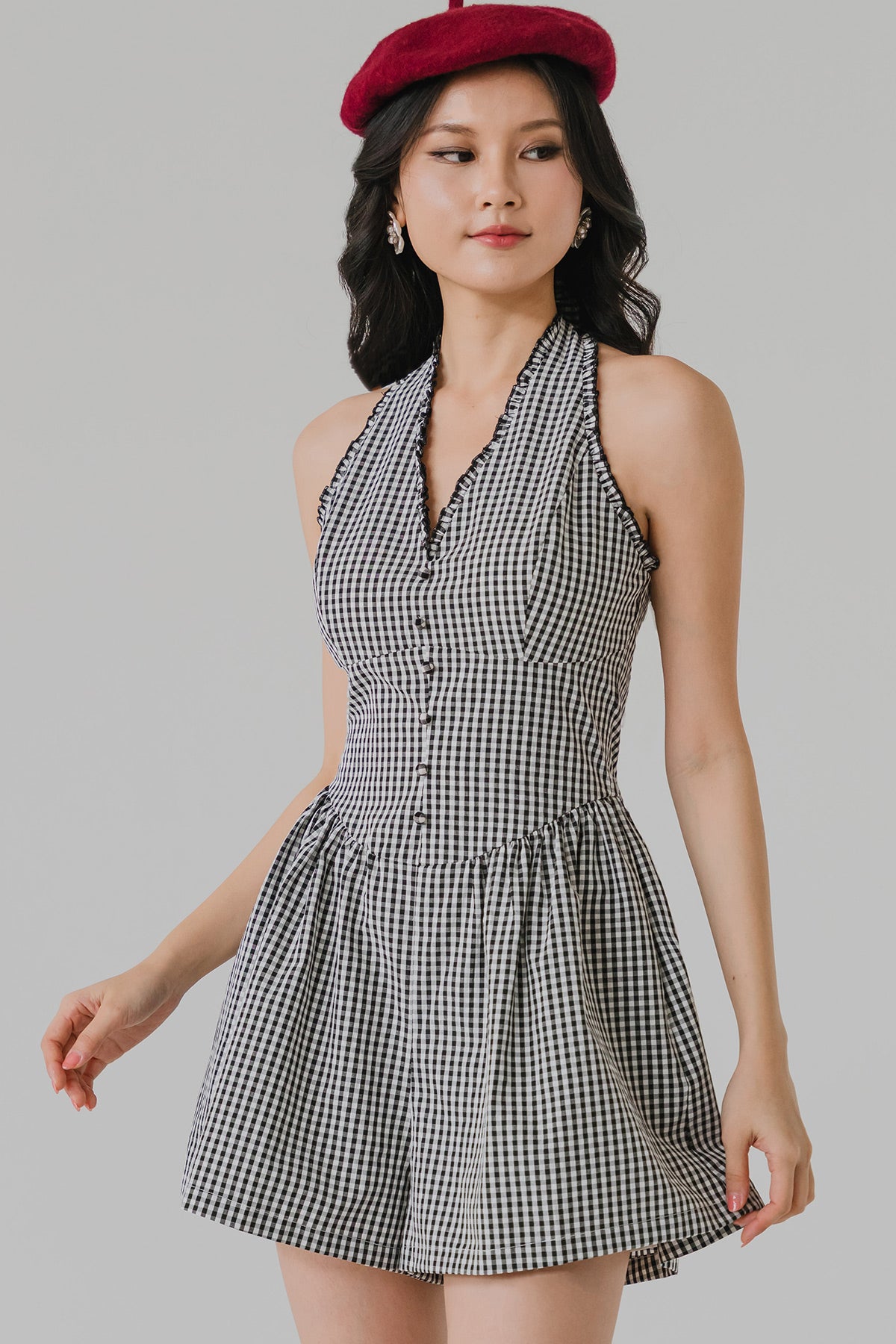 Rue Padded Gingham Romper (Black)