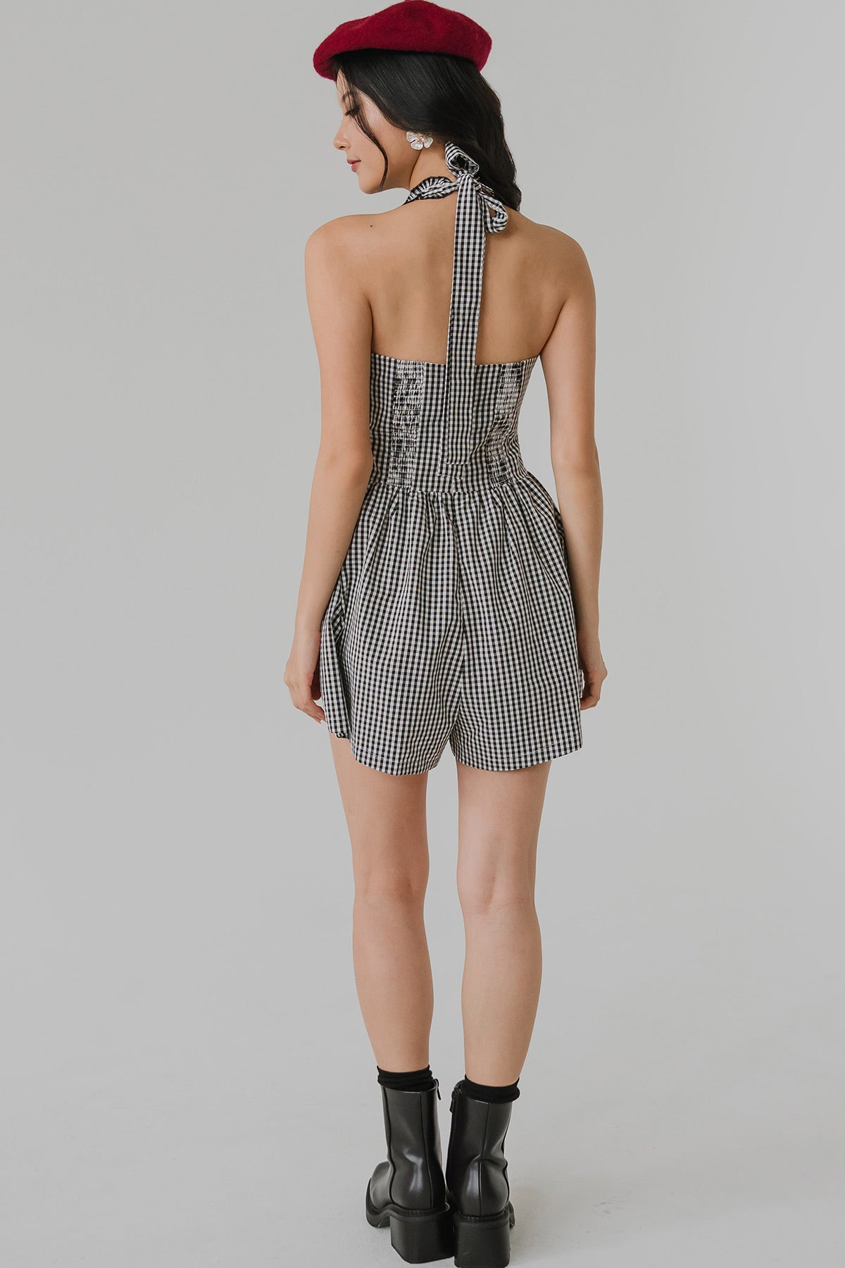 Rue Padded Gingham Romper (Black)
