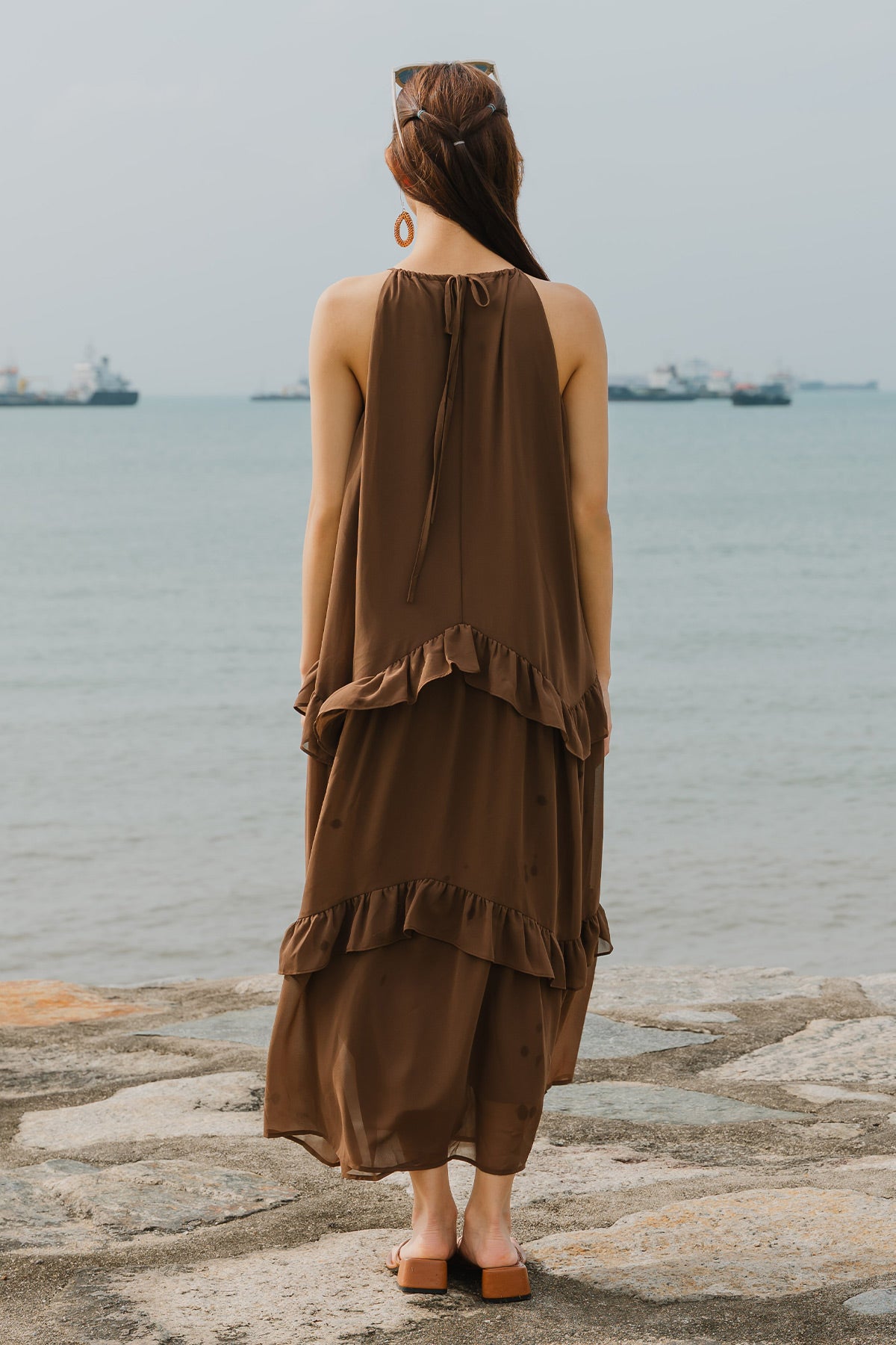 Gaia Ruffle Dress (Brown)