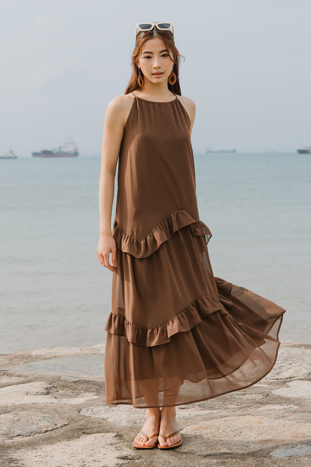 Gaia Ruffle Dress (Brown)