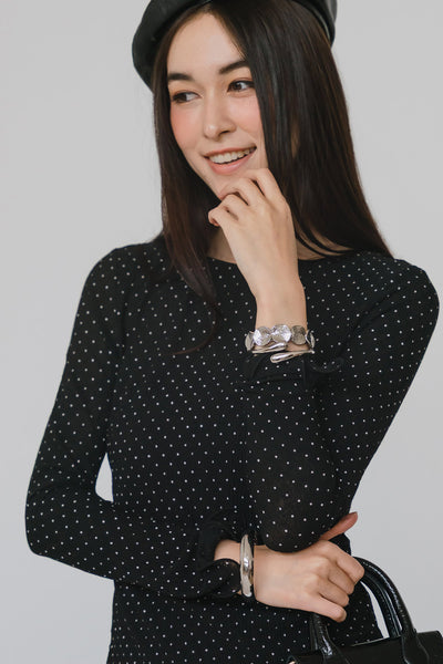 Aiko Padded Ruffle Top (Black Polka)