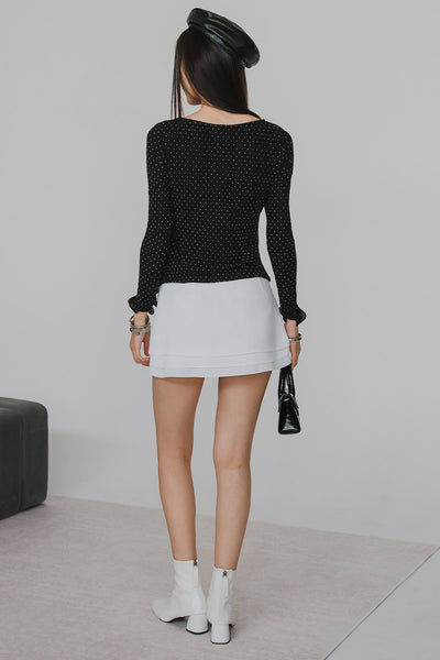 Aiko Padded Ruffle Top (Black Polka)