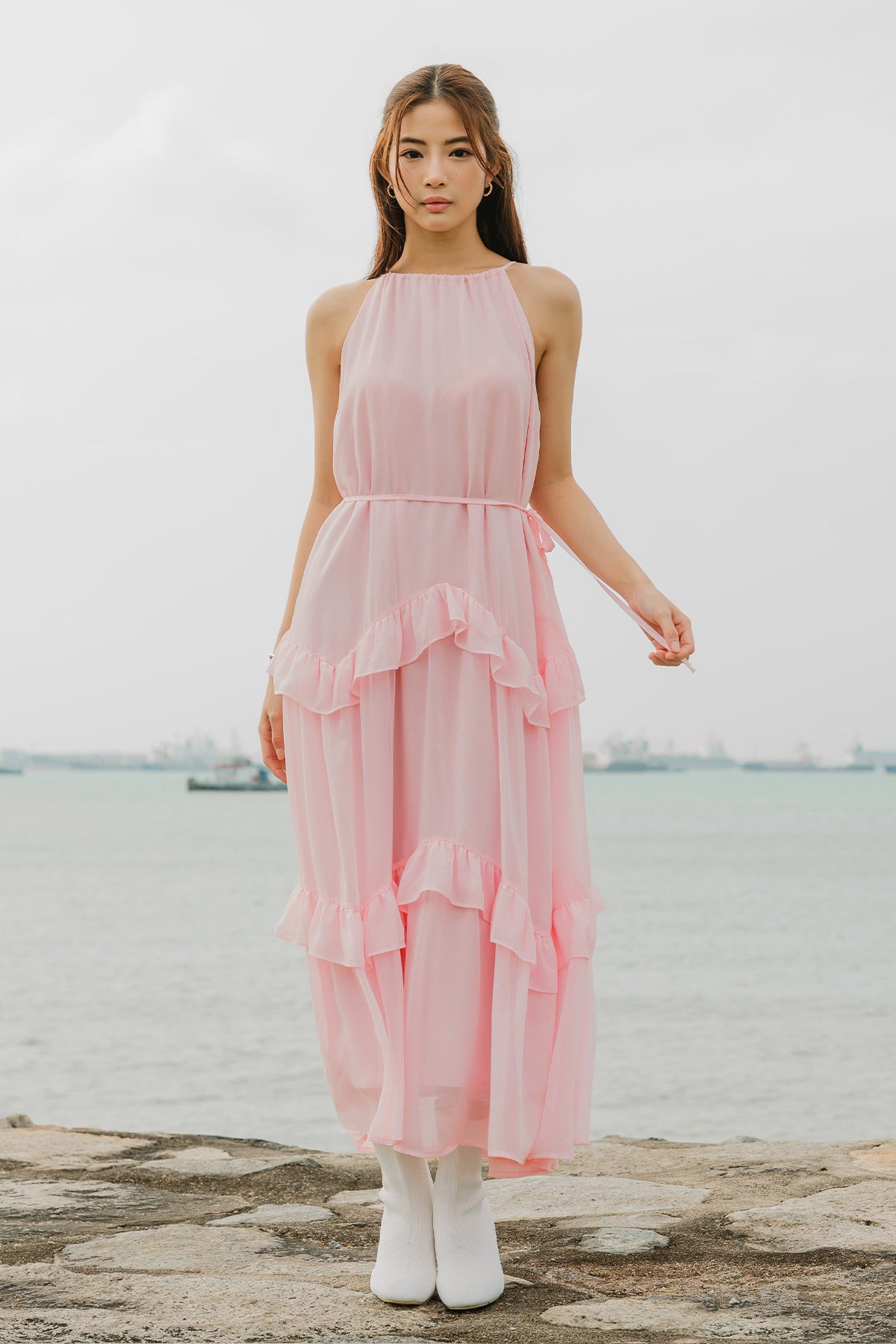 Pink Ruffle Flowy Dress Santiago Cut-Out Ruffle Maxi Dress Blush Selfie Leslie Australia