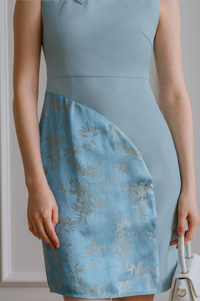 Foliage Asymmetrical Qipao (Blue)