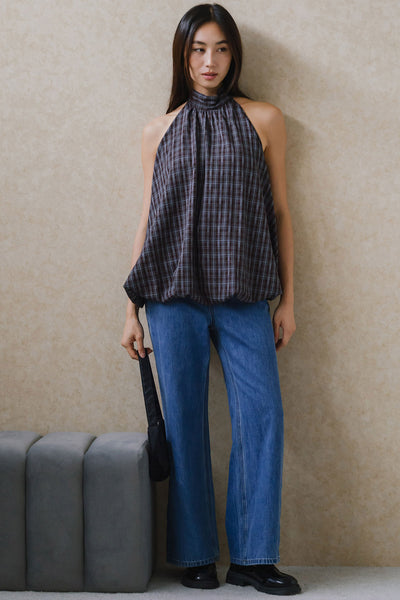 Tartan Padded Halter Top (Brown)