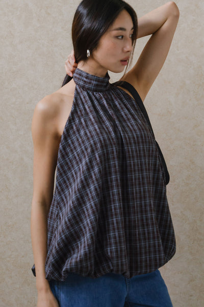 Tartan Padded Halter Top (Brown)