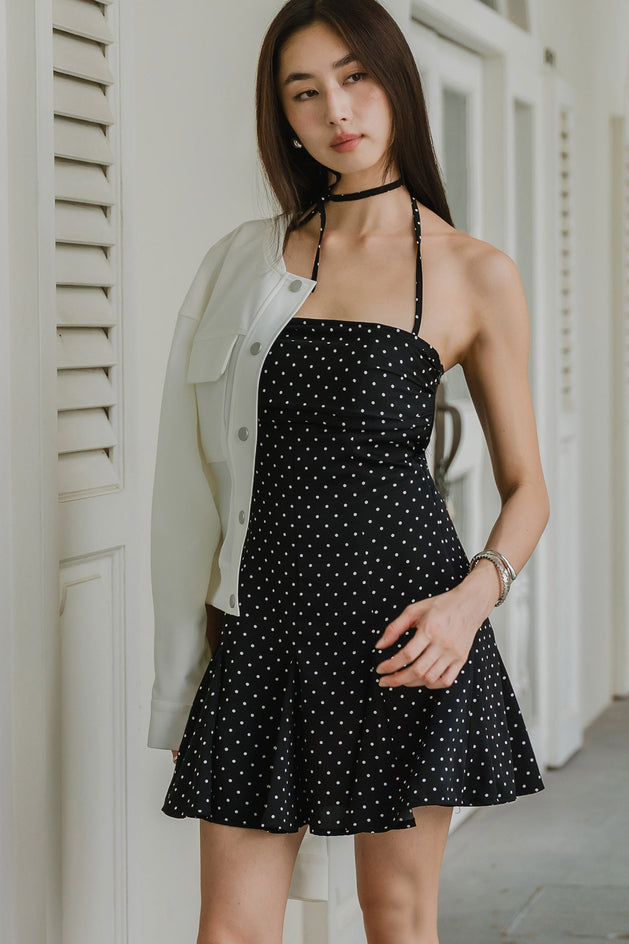 Polka Padded Halter Dress (Black)