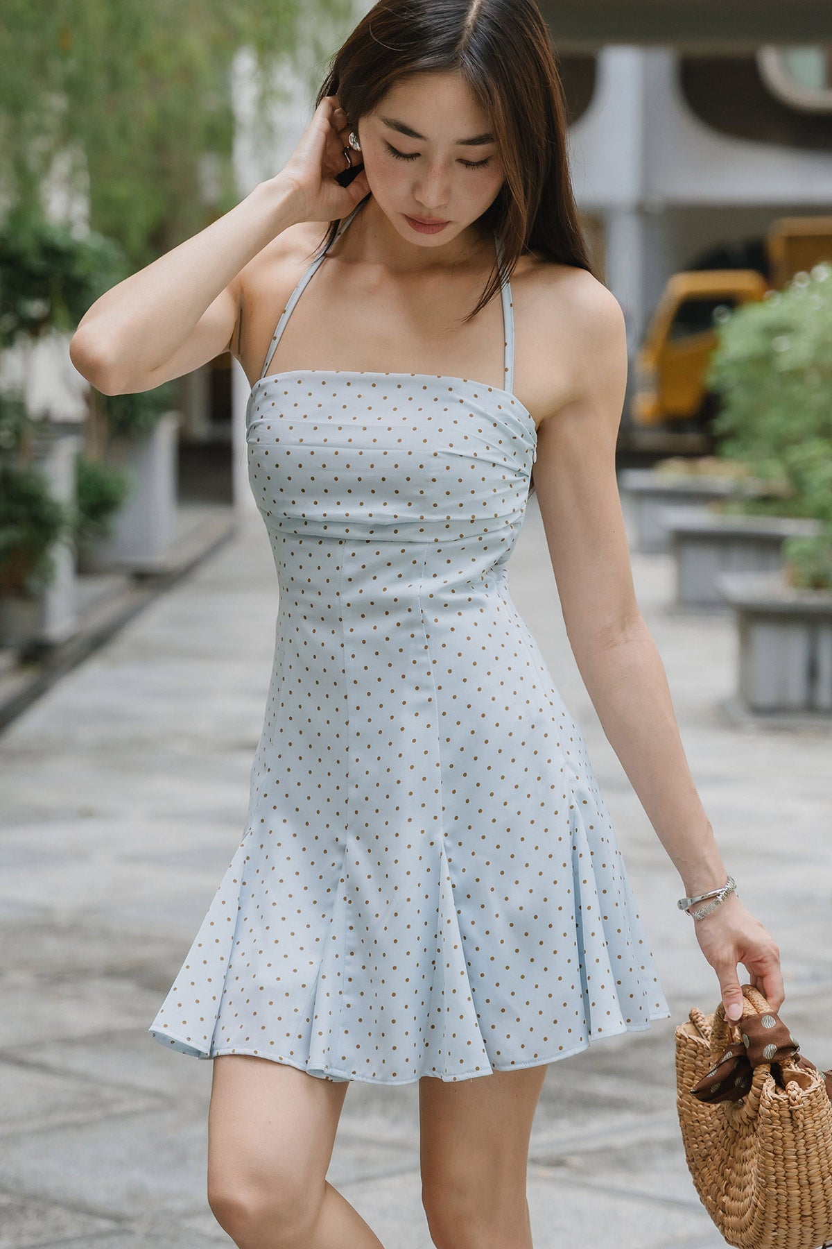 Polka Padded Halter Dress (Blue)