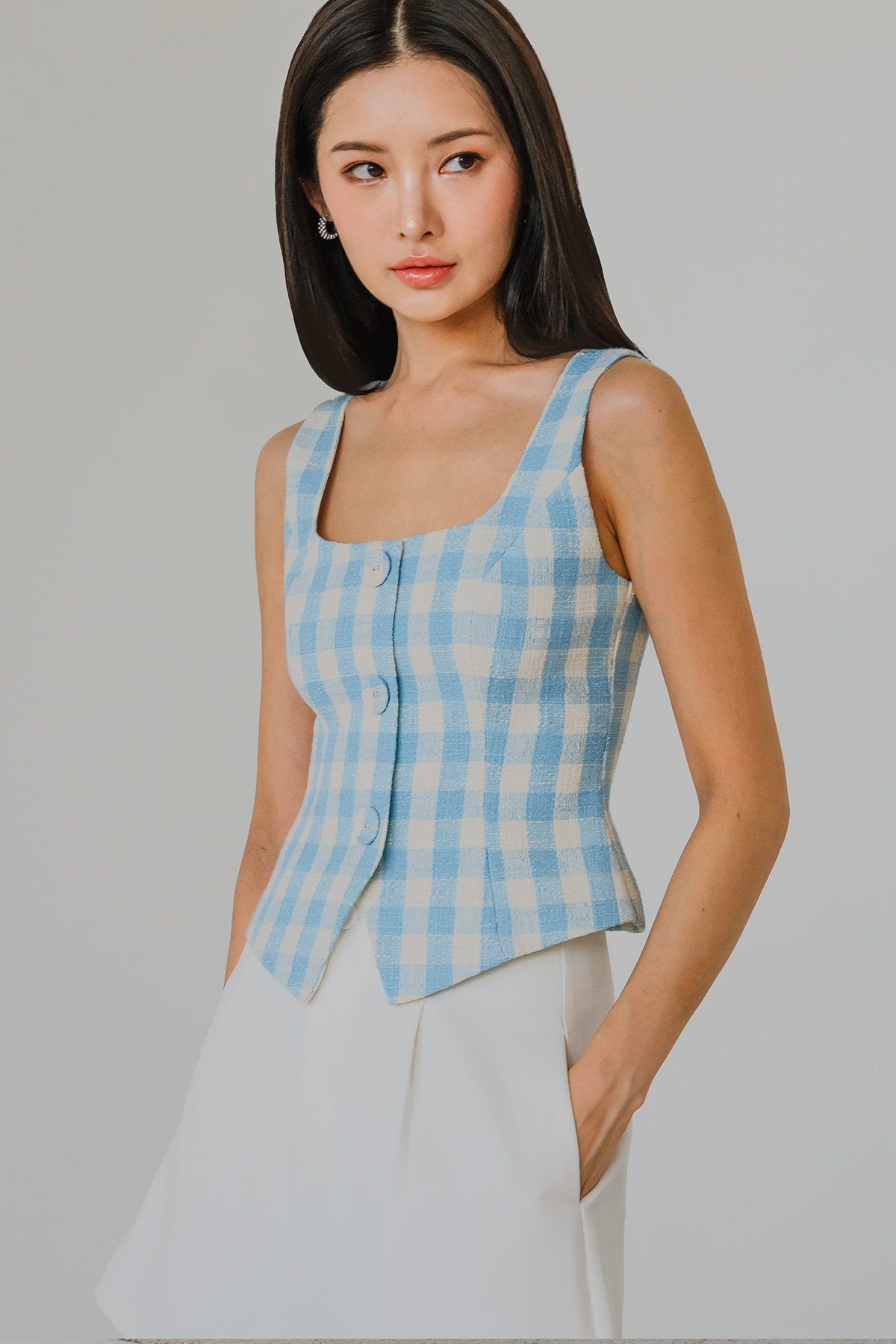 Backorder* Thalia Tweed Square Neck Top (Blue)