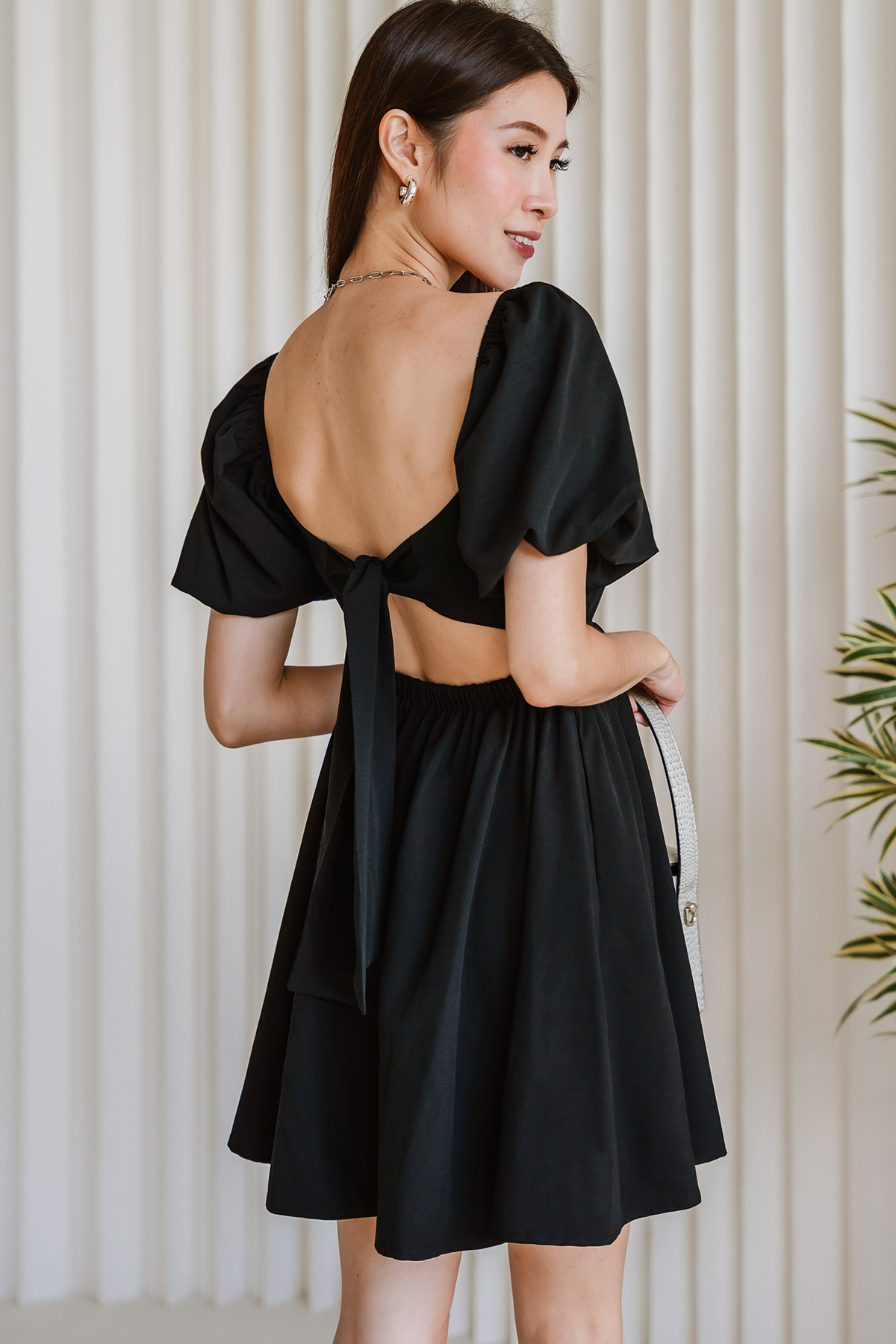 Moonstone Padded Tie-back Babydoll Dress (Black)