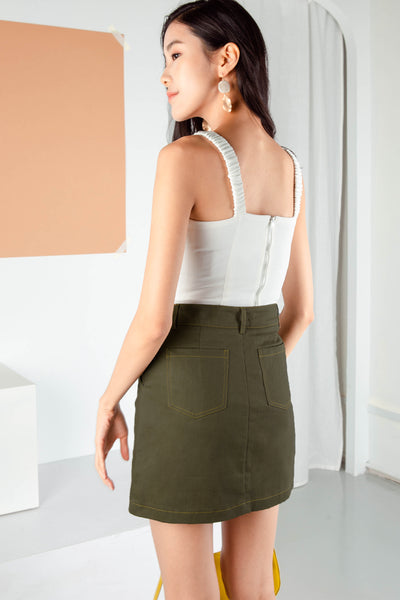 Charleigh Asymmetrical Denim Skirt (Olive)