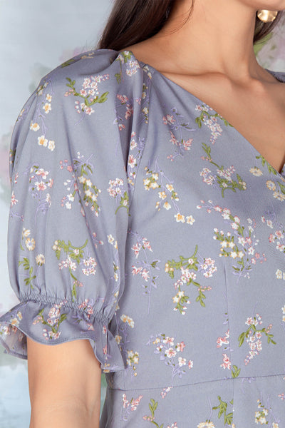 Gwyneth Floral Midi Dress (Dusk Blue) - XS